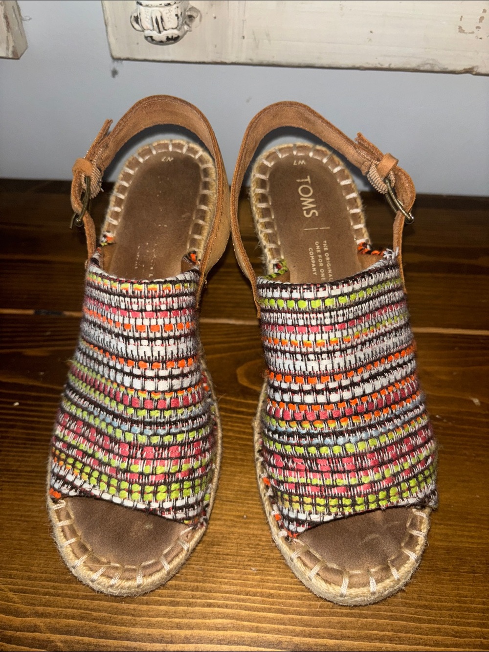 TOMS Multicolor Woven Peep-Toe Espadrille Sandals with Tan Ankle Strap